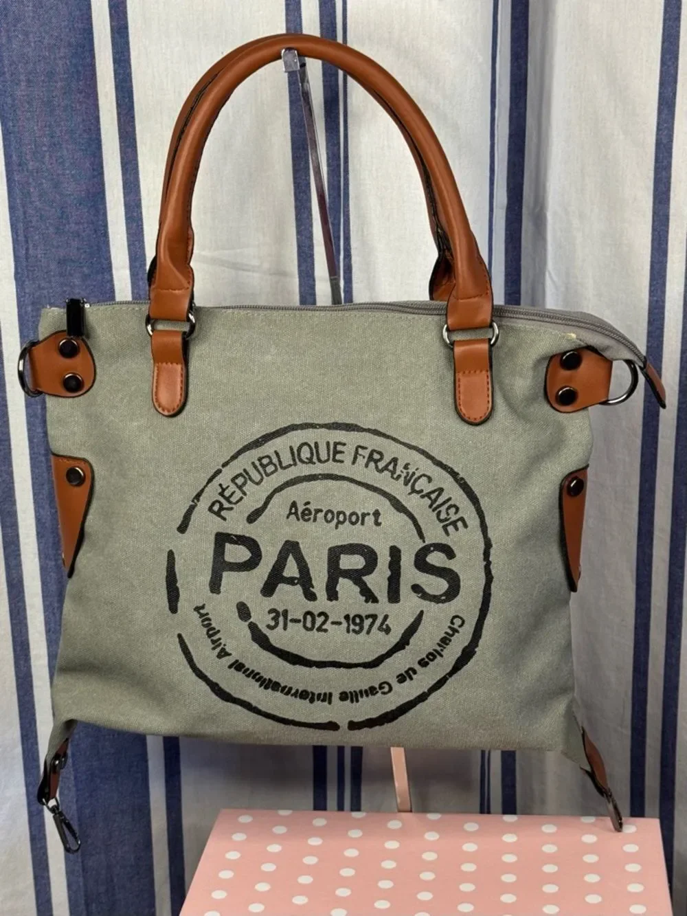 Paris Republique Stamped Gray Canvas Messenger Bag